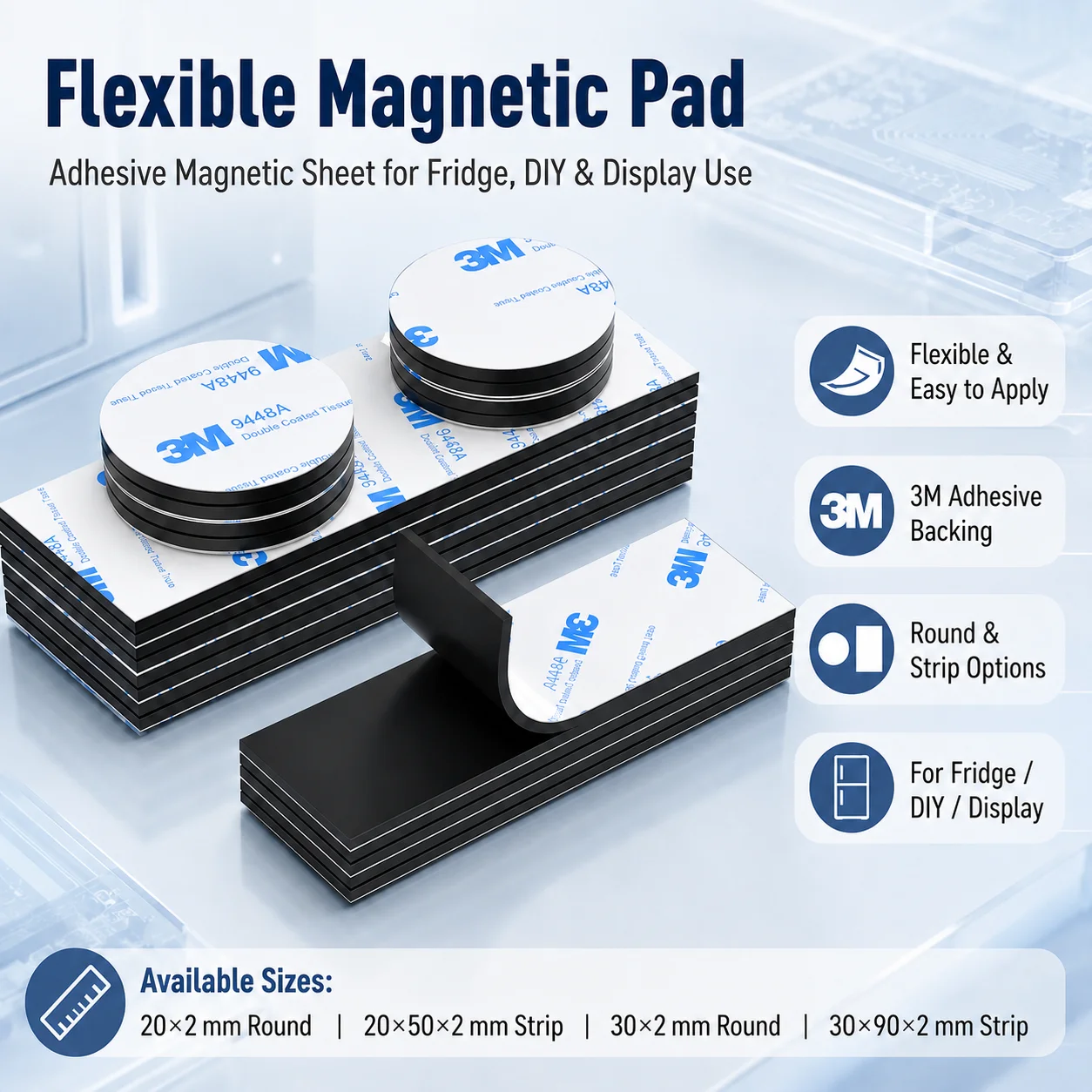 

3M Adhesive Backing Flexible Magnetic Sticker Strong Magnetic Pad Sheet For Fridge DIY Photo Display 2mm 20/30mm Round Strip