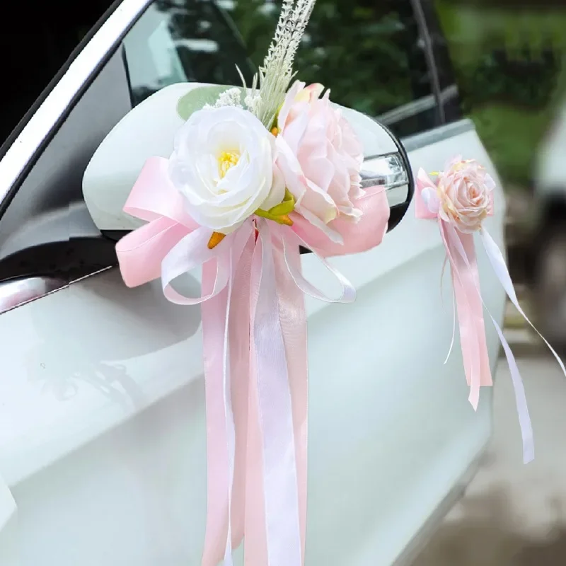 1pc Rose Rearview Mirror Flower Present Ribbon Light House Decorations Wedding Car Bride Props Artificial Rose Flower Swag