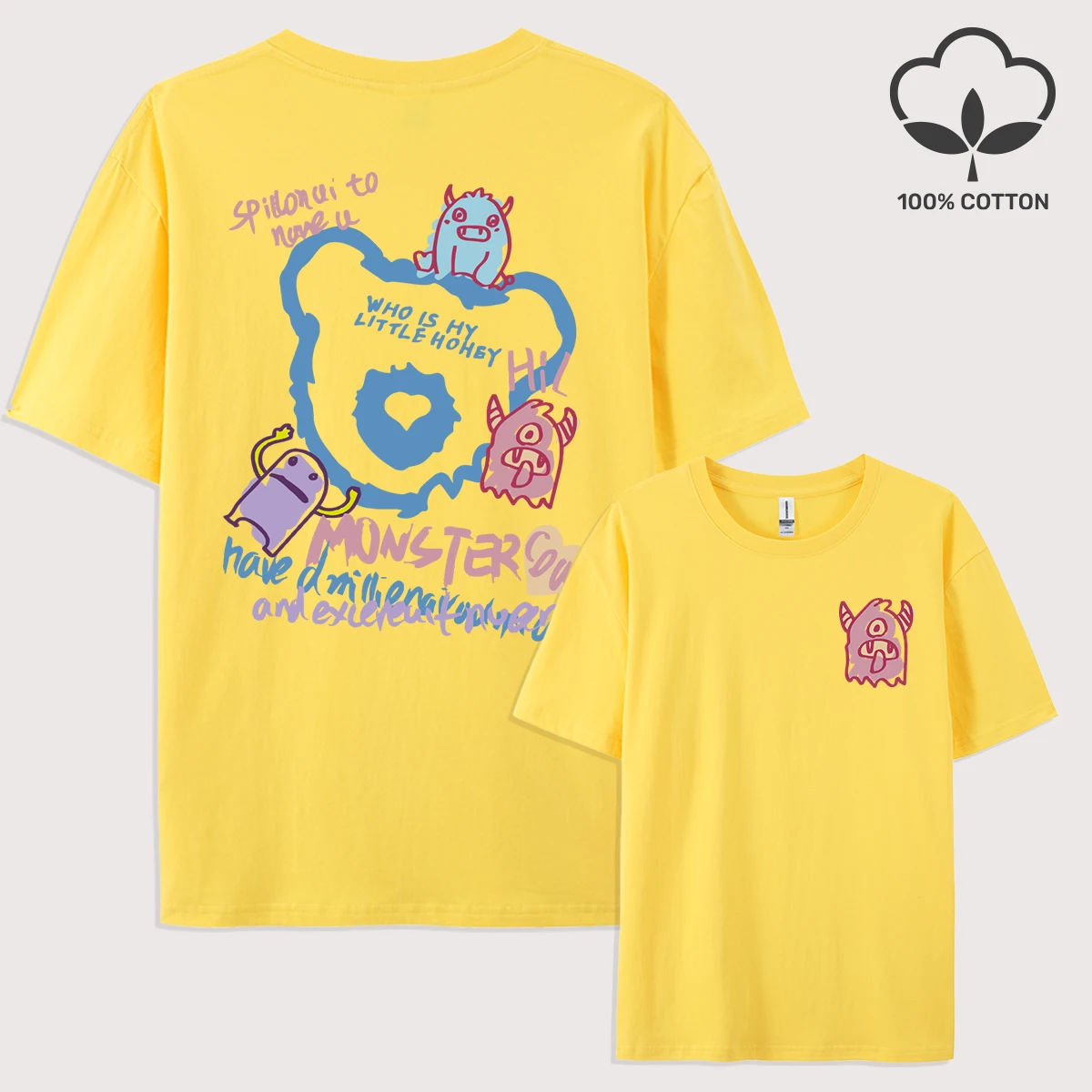 

Cute Silly Monster Graffiti Printed Men T Shirt Loose Casual Short Sleeve Cotton Trendy T-Shirt Summer Hip Hop Unisex Clothes