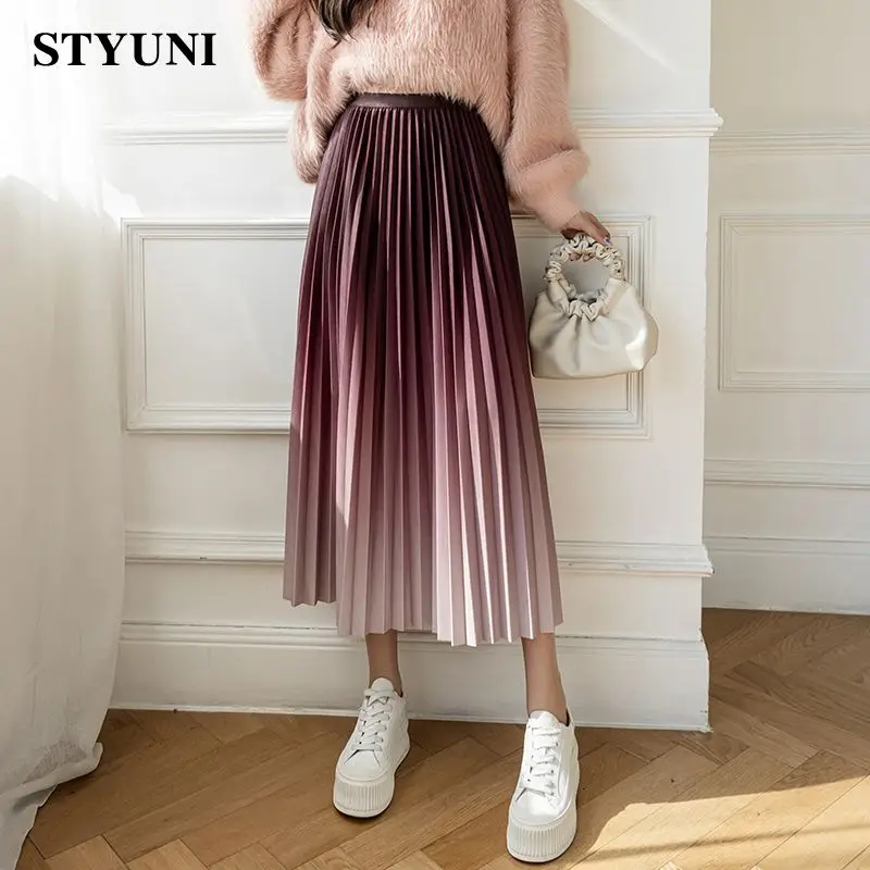 Gradient Pleats A-line Dance Party Elastic High Waist Women's Skirt Korean Fashion Loose Mid-Calf Long Skirts For Women 2022