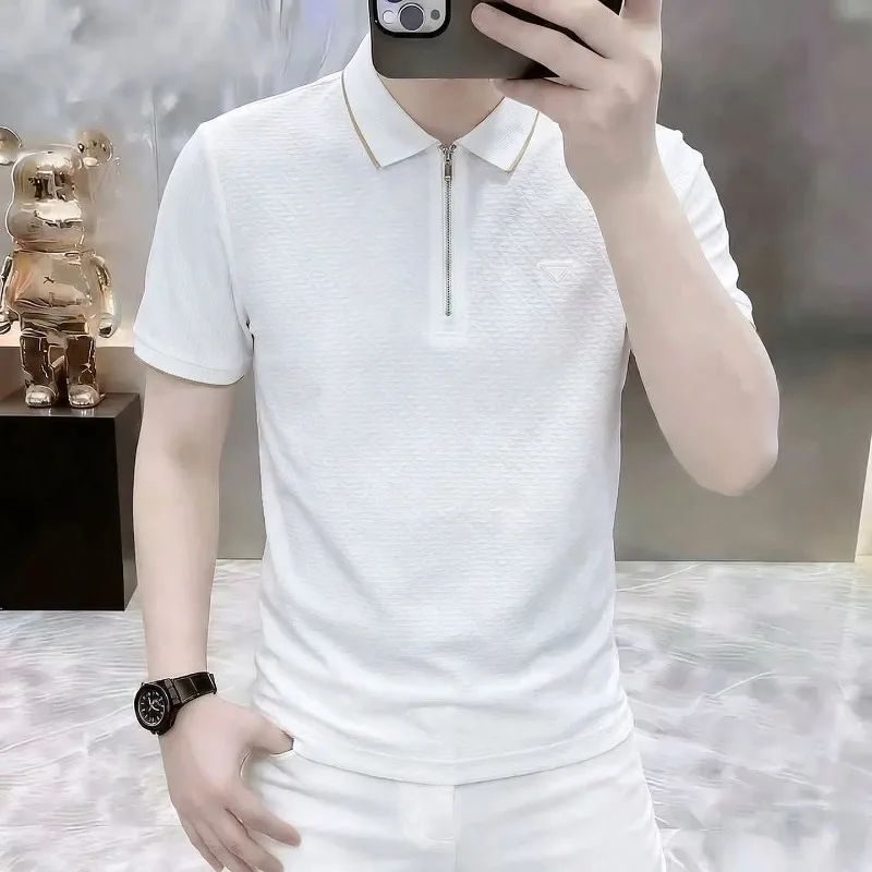 Summer Ice Silk Jacquard Half Zipper Polo Shirt for Men Seamless Elastic Casual Business T-shirt Sports Street Wear POLO Tshirts