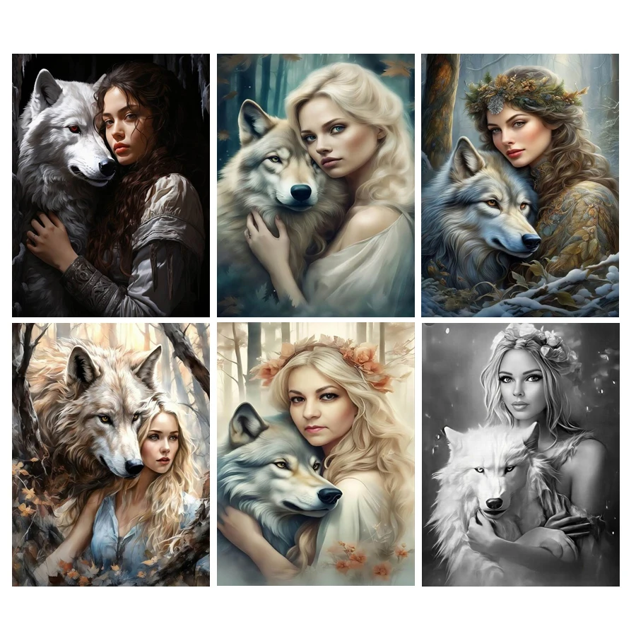 Diy Full Mosaic Art Women And Wolf Diamond Painting New Collection 2024 Wild Animals Rhinestone Embroidery Picture Wall Decor