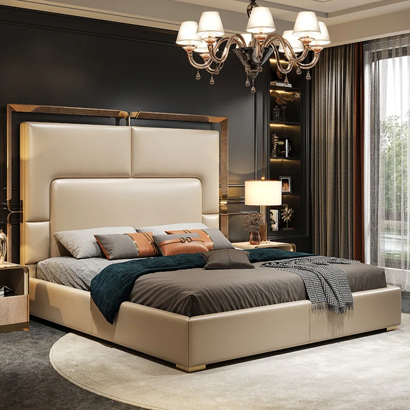 

Light Luxury Leather Bed Master Bedroom Modern Simple 1.5M / 1.8M Double Bed High-End Villa Napa Head Layer Leather Wedding Bed