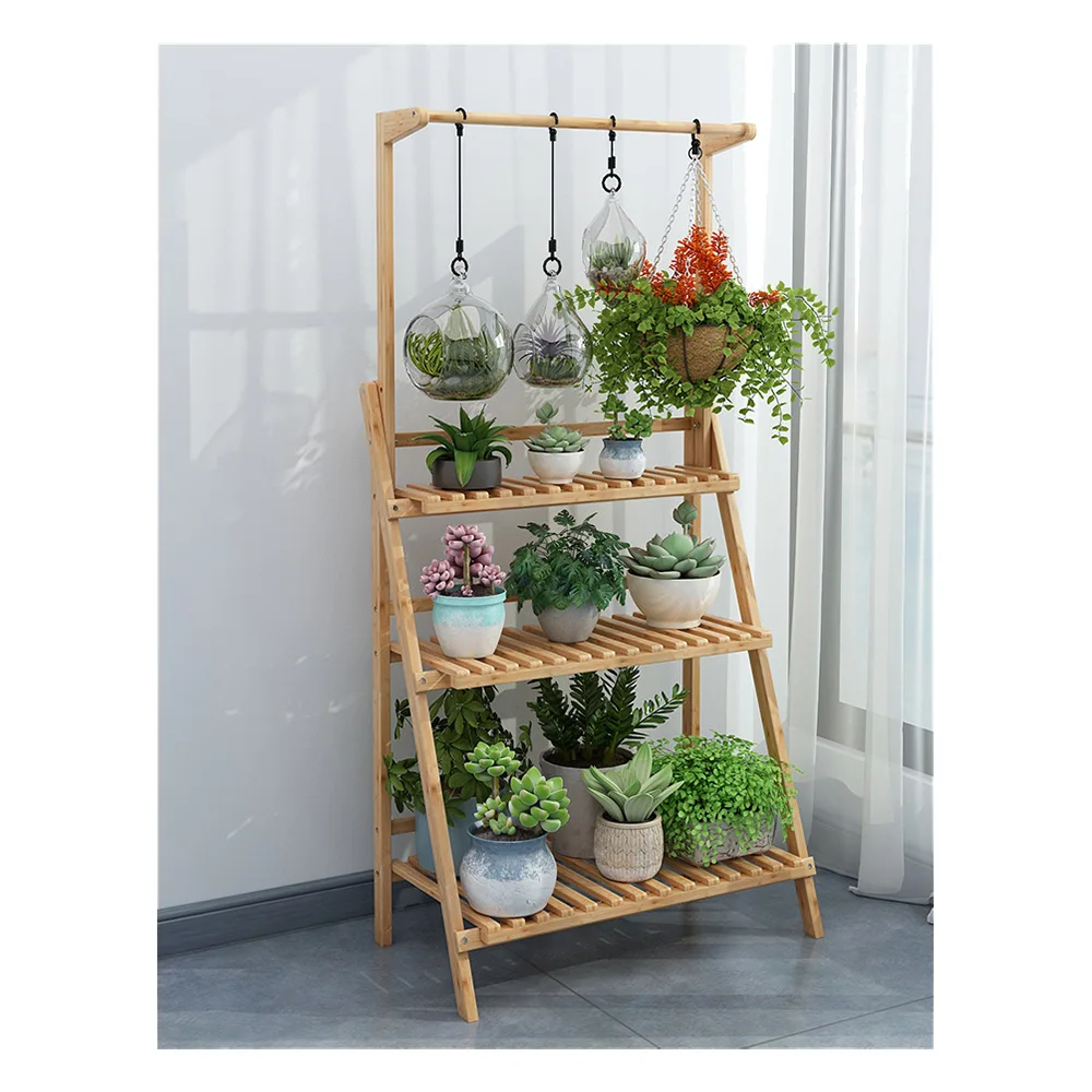 Soporte plegable de bambú para plantas colgantes, organizador de macetas, estantes de almacenamiento, estante de exhibición de flores, 3 niveles