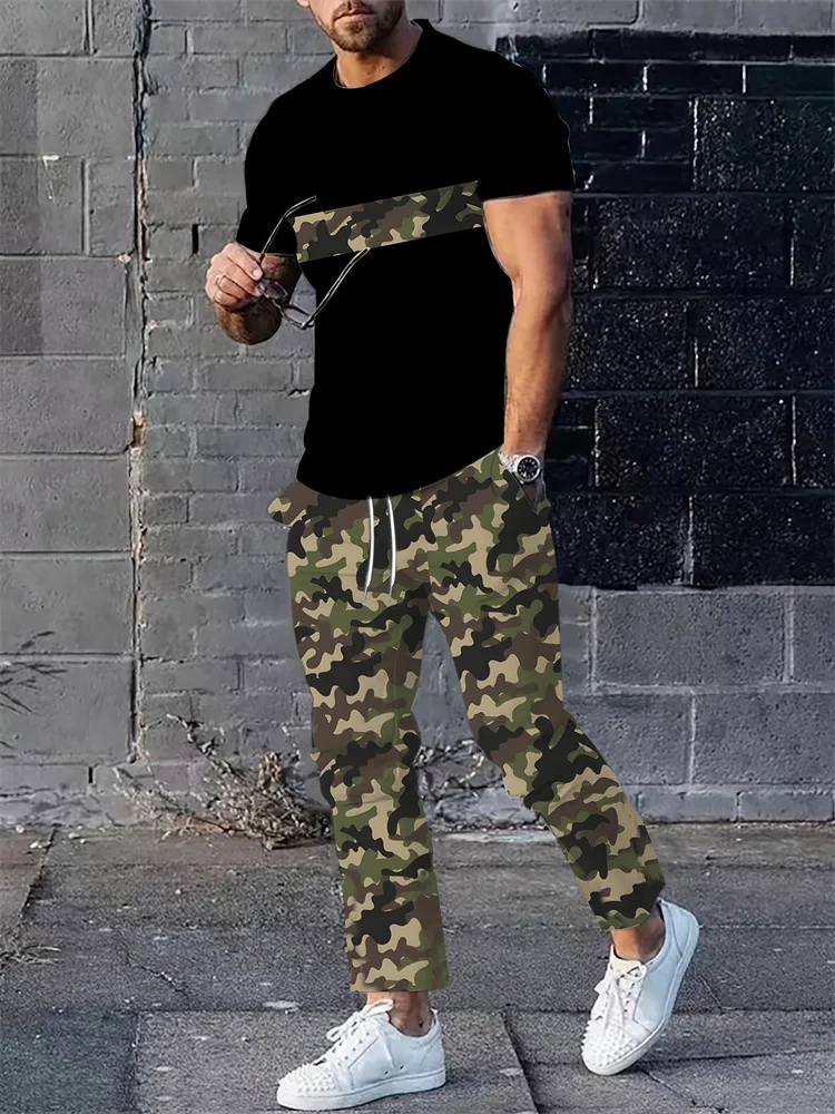 

Новинка лета 2024, мужская футболка, брюки, костюм с камуфляжным принтом, футболка с короткими рукавами и круглым вырезом, повседневная уличная одежда, удобная