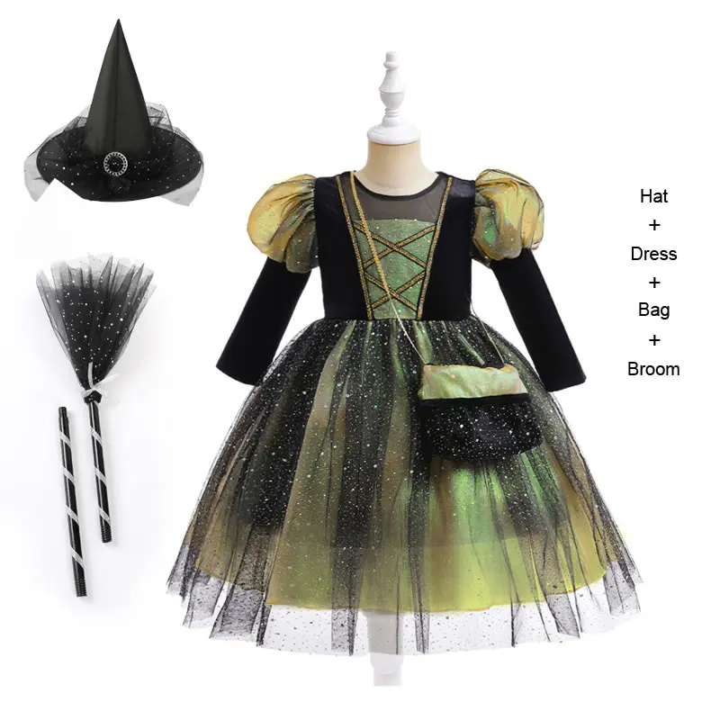 

Halloween Costume For Girl Lace TUTU Dress Christmas Kid Bow Tunic+Headband+Hat+Bag+Broom 4pcs Set Child Frock Cloth