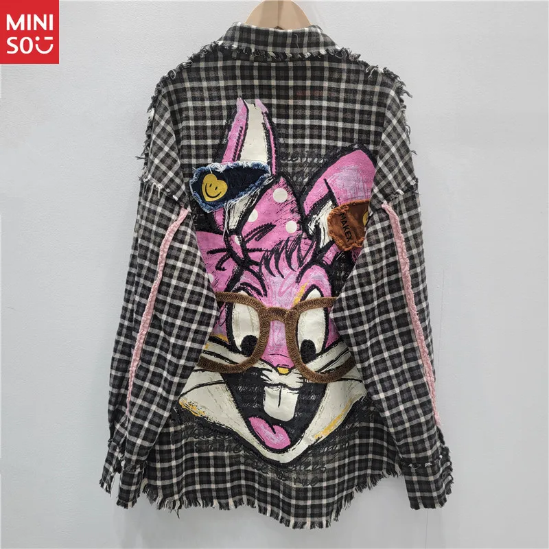 

Miniso 2025 Autumn Korean Style Plaid Shirt, Loose Fit Cartoon Print Women's Top