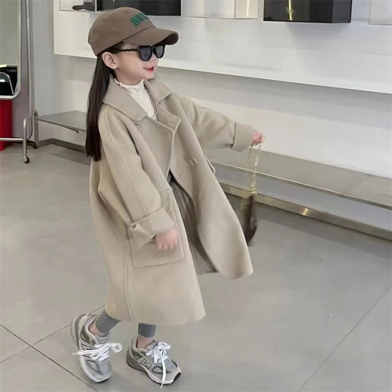 Cappotto di lana da ragazza coreana Trench Casual Super carino 2024 autunno e inverno nuovo cappotto kaki sciolto 3 5 7 9Y