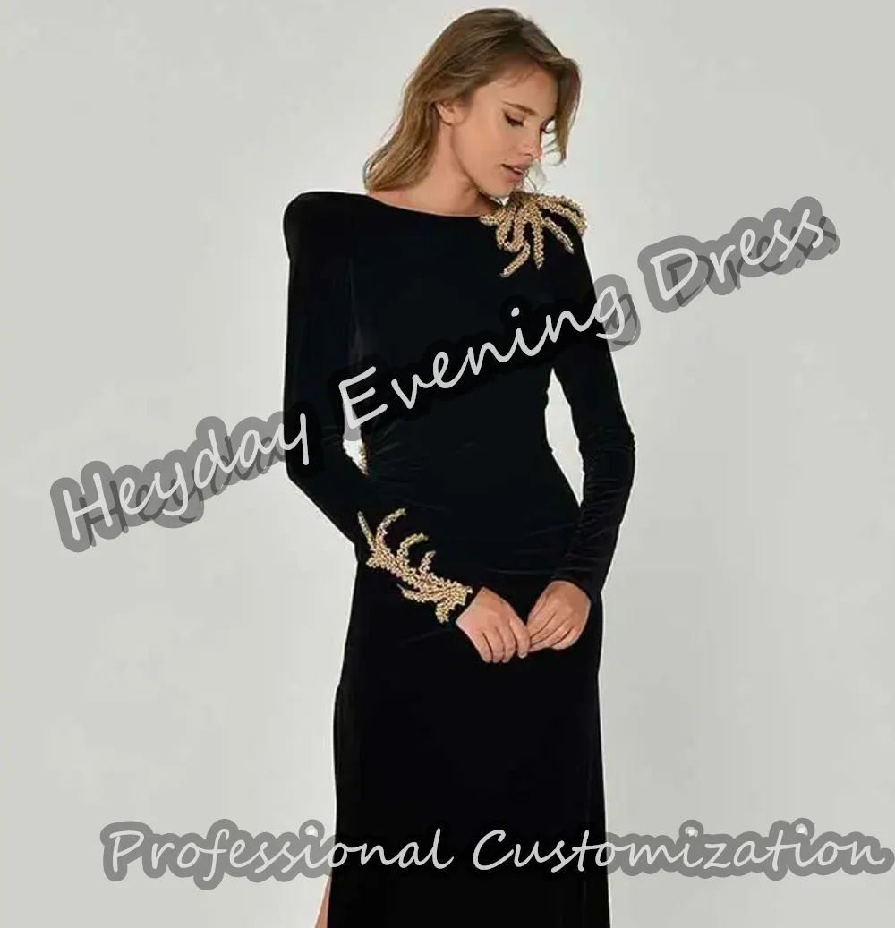 Heyday Scoop Neckline Saudi Arabia Long Sleeves A-Line Prom Gown Velour Floor Length Elegant Evening Party Dress For Women 2024