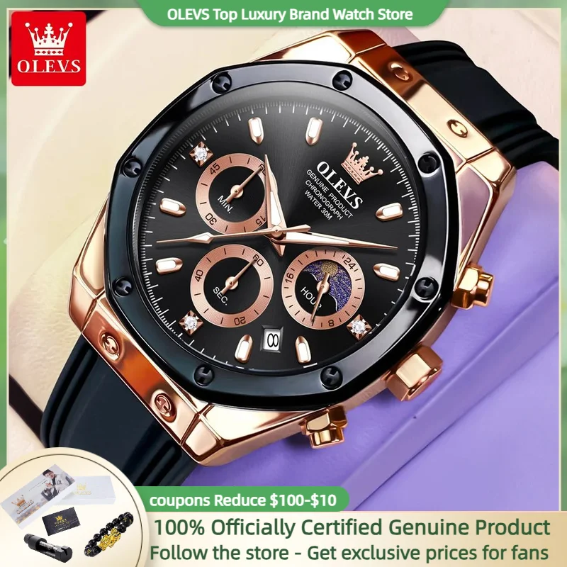 OLEVS 9911 Men Watch Luxury Brand Watch Multi functional Waterproof Luminous Moon Phase Date Chronograph Sports Quartz Men Watch