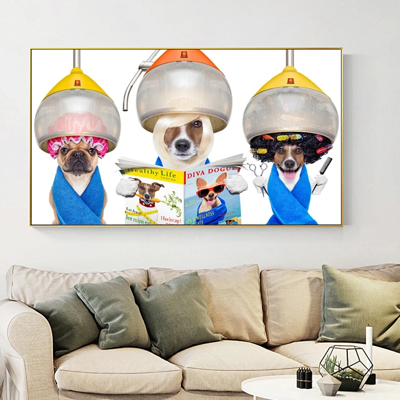 Funny Art Dogs Hairdresser Reading Magazine Canvas Painting Poster Print Cuadros Wall Art for Living Room Home Decor (No Frame)