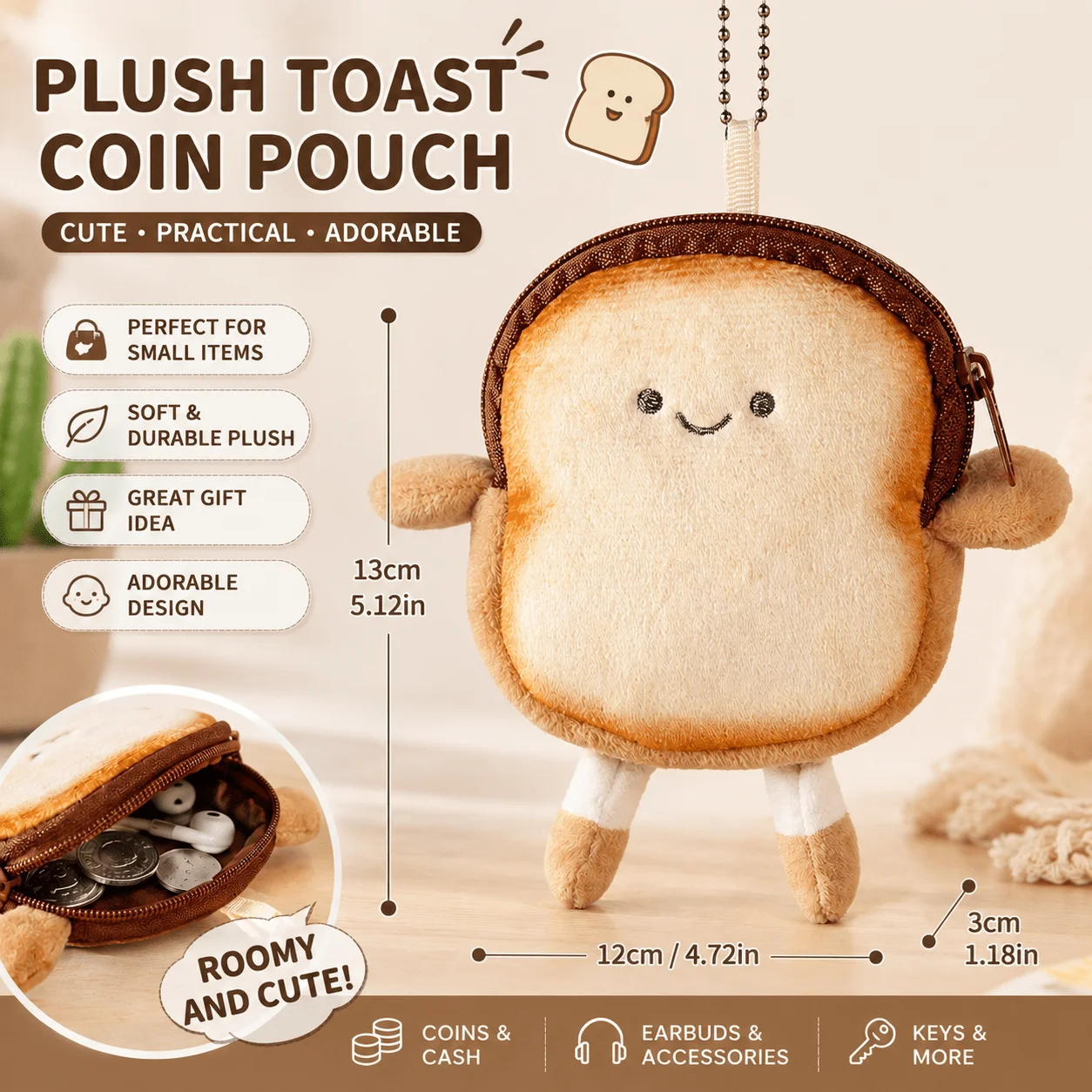 Cartoon Bread Toast Coin Purse Portable Earphone Bag Coin Key Bag Mini Makeup Bag Lightweight Small Storage Pouch Girl Gifts