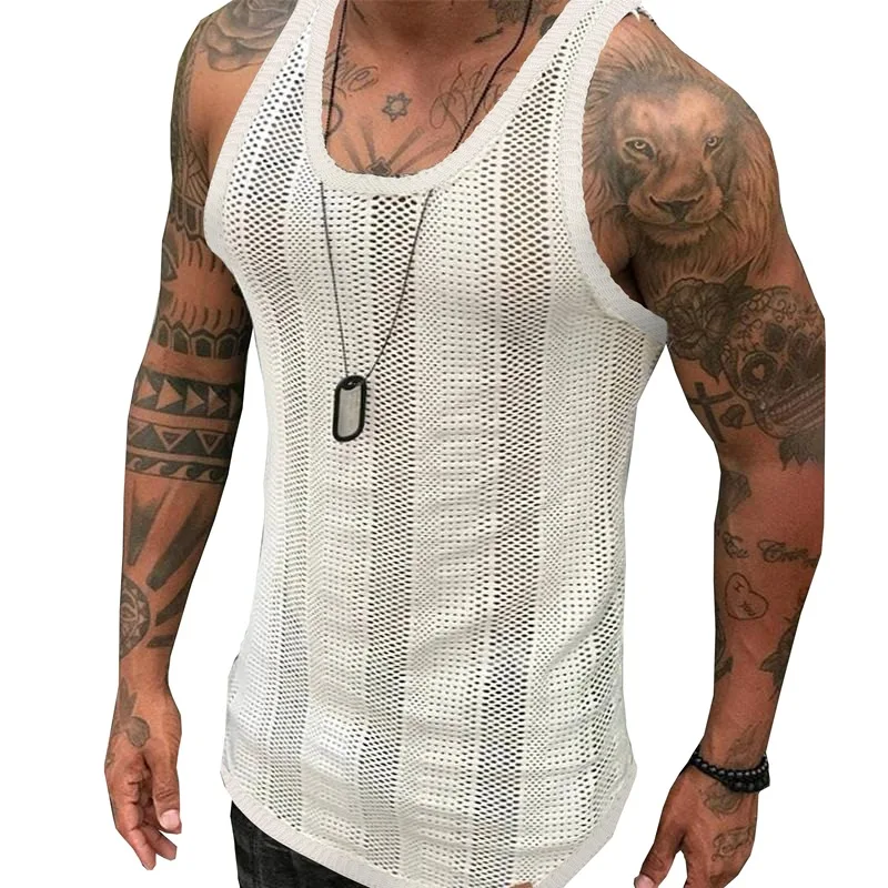 Luxury and fashionable new men's summer thin sleeveless men's tank top with white breathable mesh hollow sports top