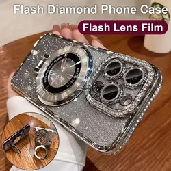 Luxury Plating Stand Holder Glitter Diamond Case For iPhone 16 ProMax 15 12 13 14 Plus Magsafe Magnetic Soft Silicone Cover