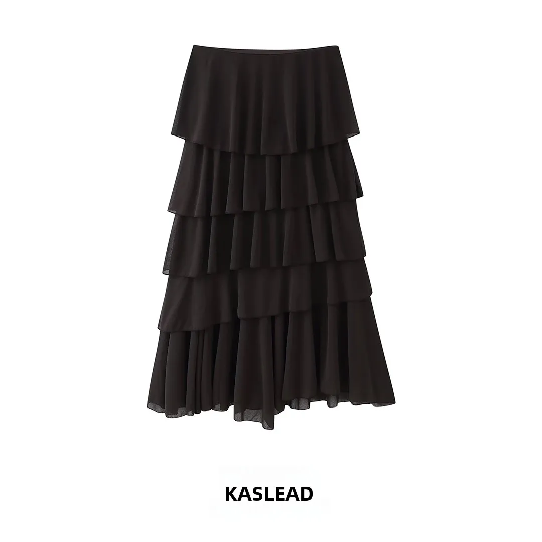 

KASLEAD Новая модная женская юбка миди с многослойным декоративным дизайном, юбка-тортик с высокой талией из полиэстера, весна 2026