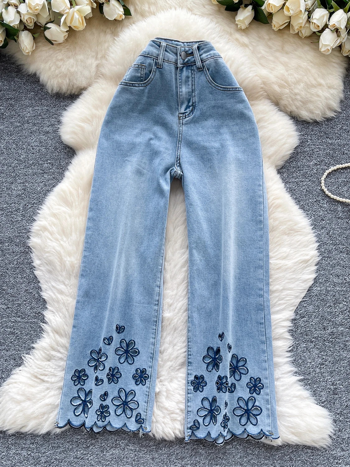 

Retro Cool Spicy Light Blue Embroidered High Waist Wide Leg Jeans Women Summer Flower Stitch High Waist Straight Leg Pants