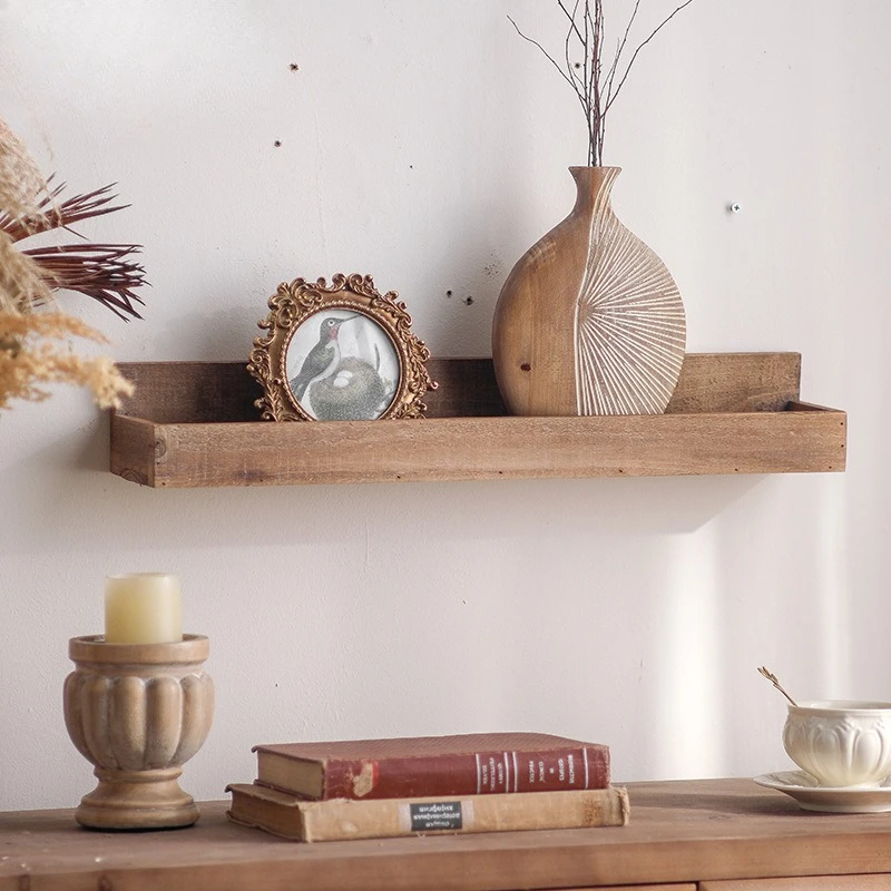 

Log color solid wood wall hanging rack living room wall decoration vase layer rack wabi sandy wind retro decorative rack jewelry