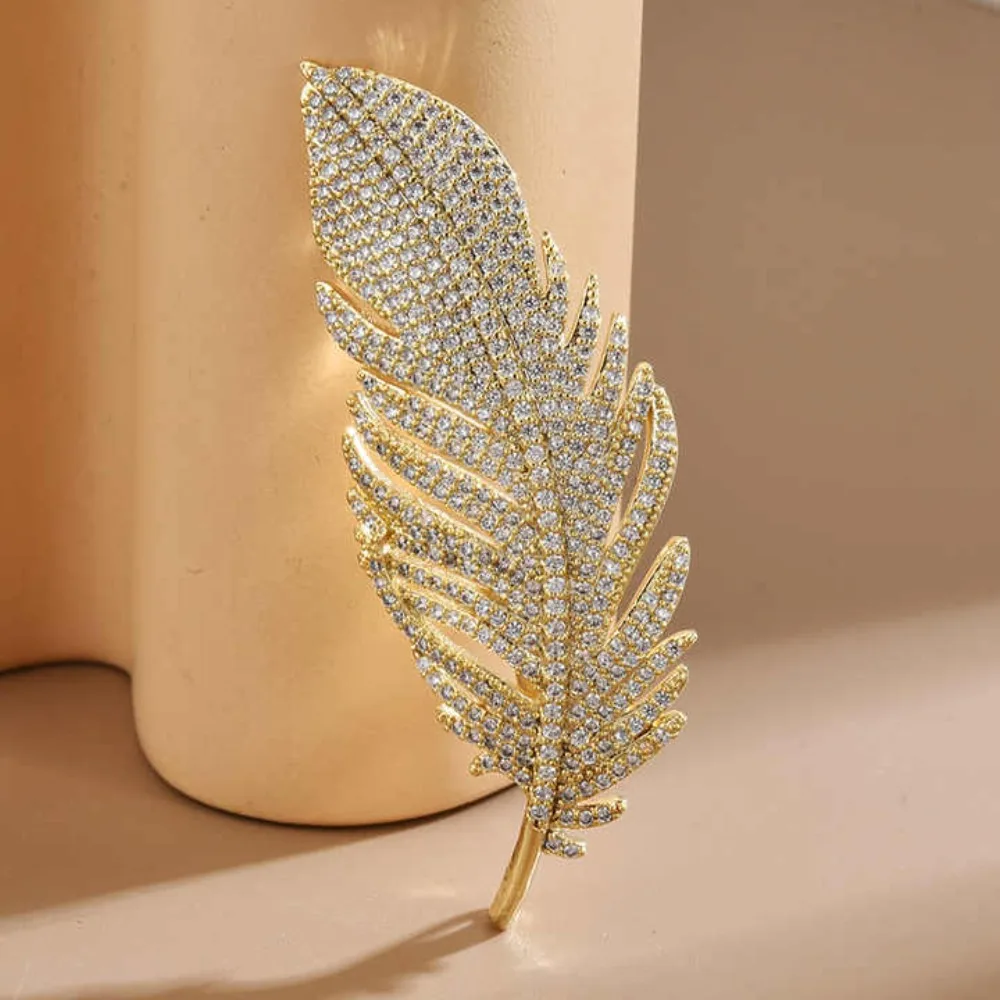 Baroque Luxury Rhinestone Feather Design Brooch for Men and Women，Suit Coat Jewelry Clothing Accessories Pins，Couple's Gift