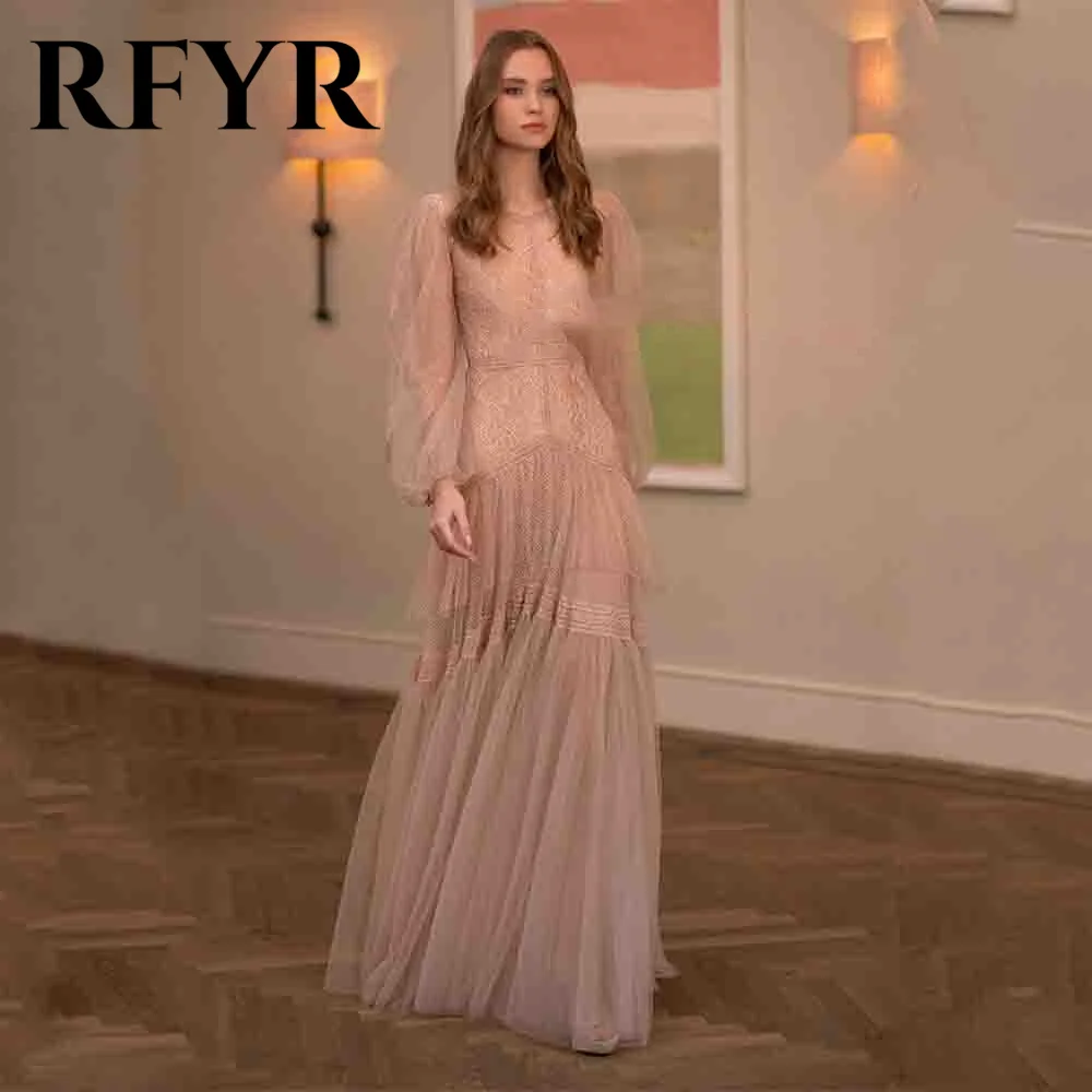 

RFYR V-Neck Beach Pink Tulle Prom Dresses Full Sleeves Lace Prom Gown Long Net Long Evening Dresses Formal Dresses Customized