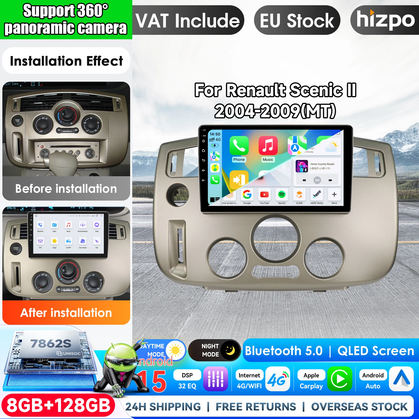 Autoradio pour Renault Scenic II 2004-2009 (climatisation manuelle) avec Qualcomm 8-Core 360 °   Système stéréo 2 DIN avec écran IPS, GPS, SWC, Bluetooth, FM, RDS, DSP, compatible CarPlay et Android Auto (caméra en option), systèmes intelligents pour voiture, commande vocale IA, 4G, WiFi, unité principale Plug&Play
