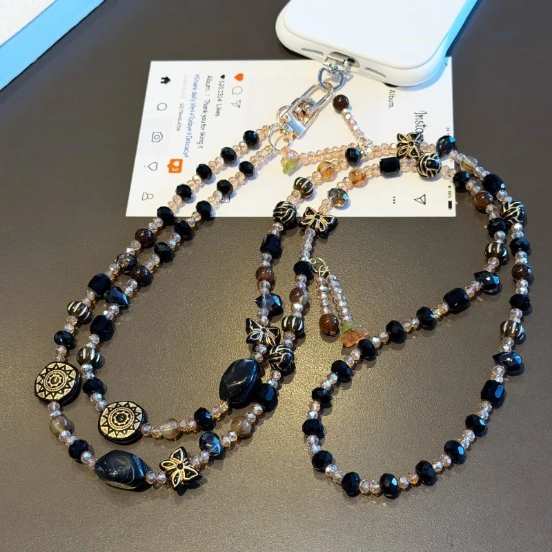 

High-End Retro Style Crystal Mobile Phone Lanyard with Flower Tassel Versatile Long Cross-Body Chain Pendant for Women