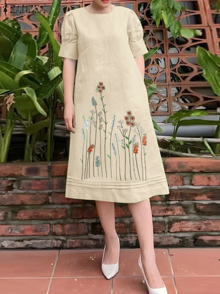 

Elegant Summer Dress 2025 ZANZEA Women Embroidery Sundress Fashion Short Sleeve Holiday Party Dresses Floral Midi Vestidos Robe