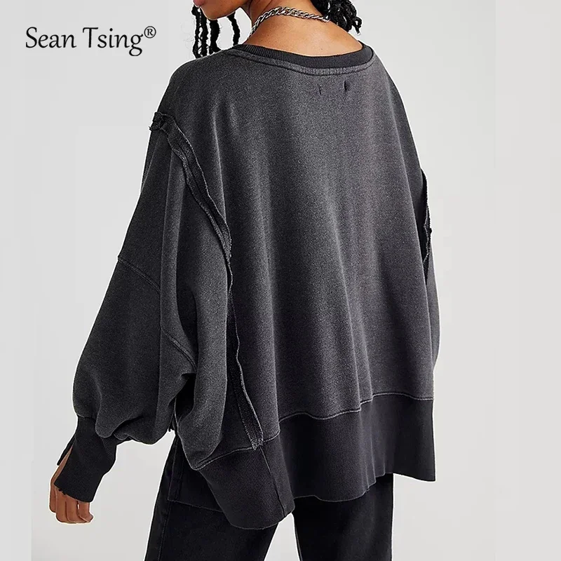 Sean Tsing® Oversized Sweatshirts 100% Cotton Women Long Sleeve Patchwork Loose Hoodies Streetwear Autumn Winter Casual Pullover