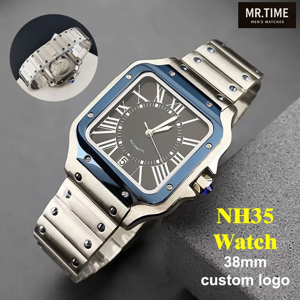 NH35 watch Roman dial blue men's stainless steel automatic mechanical watch square case, suitable for NH35 movement accessories