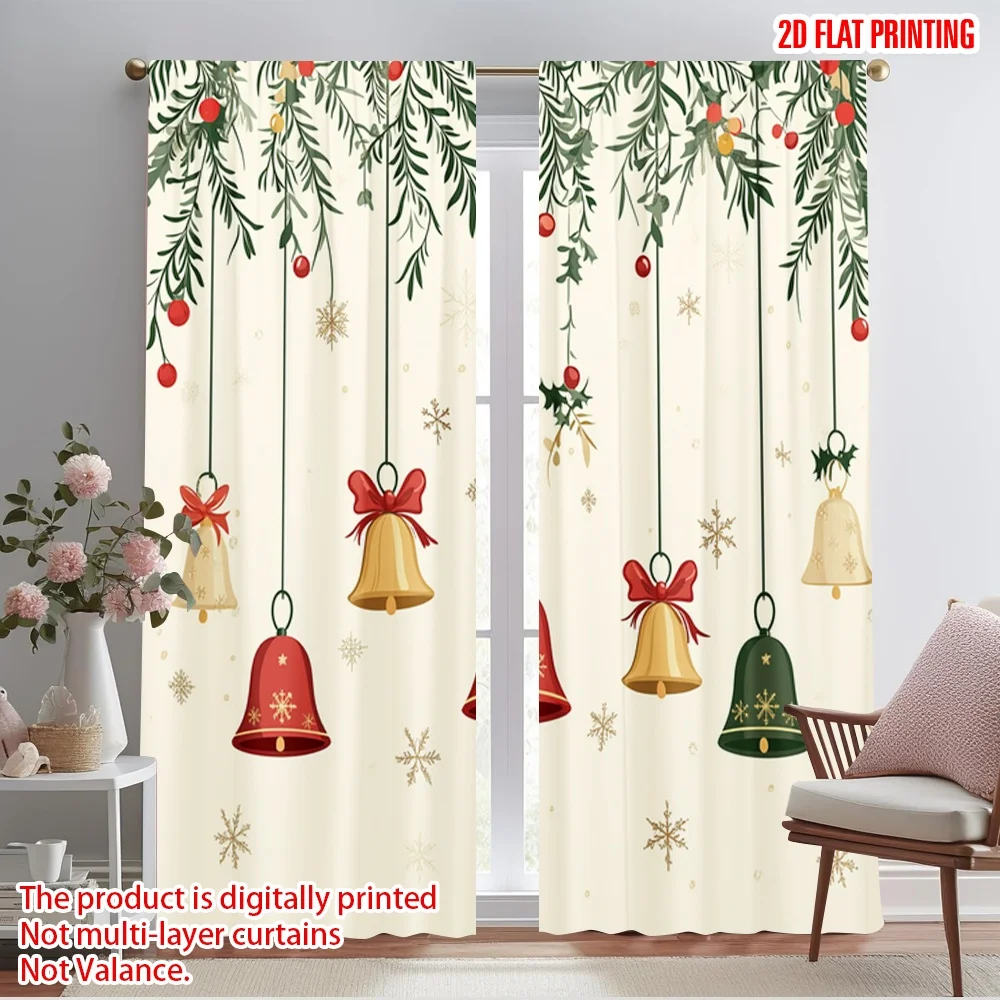 2pcs,2D plane printing Light Filtering Curtains Christmas Bells Holly Garland (2) Versatile Durable Polyester (without rod) Room