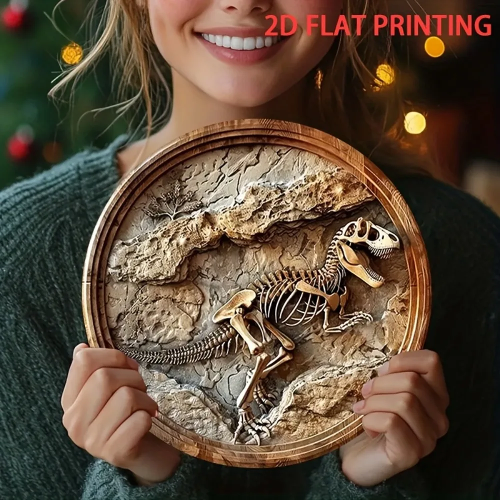 2D Vintage Dinosaur Fossil Skeleton Metal Wall Art, 2D Flat Round Rock Frame Decor for Bedroom Office, 7.8x7.8 Inch