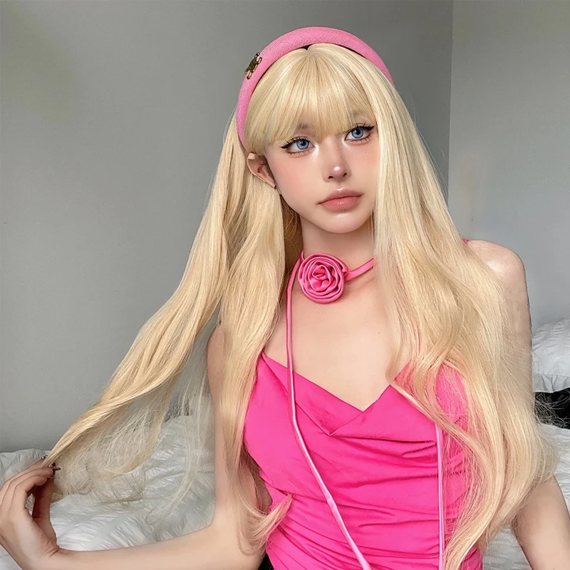 Long Blonde Wavy with Bangs Lolita Synthetic Wigs Cosplay Blonde Halloween Natural Wave Hair Wigs for White Women Heat Resistant