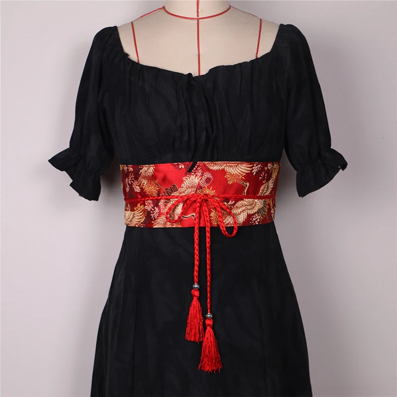 Retro Japanese Kimono Waist Belt Traditional Yukata Dress Haori Obi Belt Embroidery Tassel Belt Wide Corset Hanfu Waistband