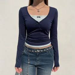 Seksowna koszulka z dekoltem w szpic Kobiety Solidna jesień Koszulki z długim rękawem Streetwear Patchwork Crop Top Moda Casual Slim Basic T-shirt Kobieta