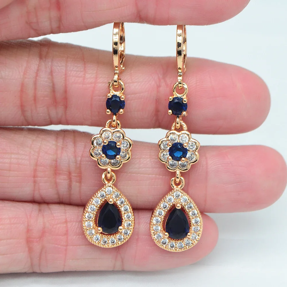 Gold Color Women Blue Cubic Zirconia CZ Water Drop Wedding Earrings Jewelry