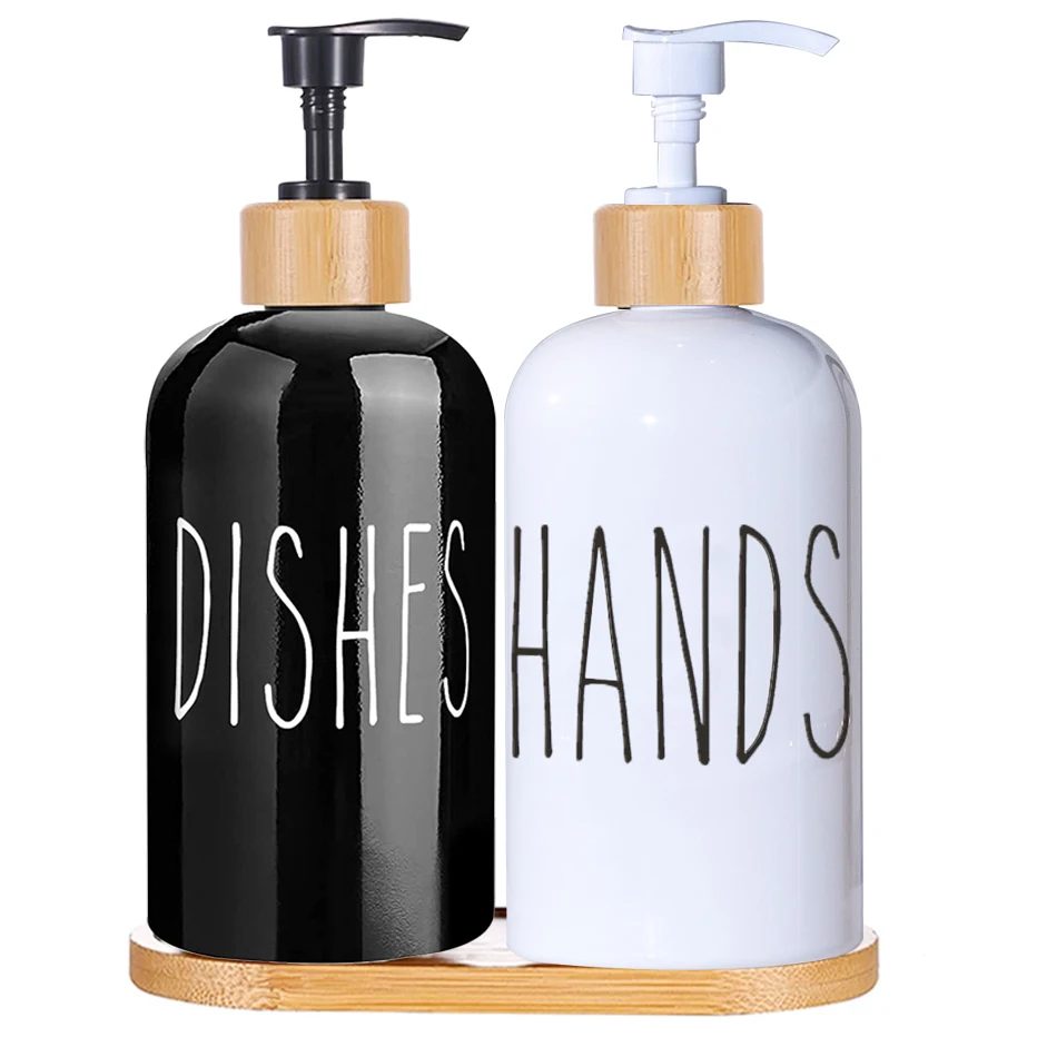 Glossy Black White Hands and Dishes Dispenser Set Kitchen Sink Countertop Caddy Organizer Soap Dispenser Bottle with Scrub Brush