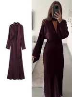 2026 New Scarf Solid Elegant Maxi Dresses Women Spring V Neck Long Sleeve Club Party Long Dress Female Chic Slim Fit Dresses