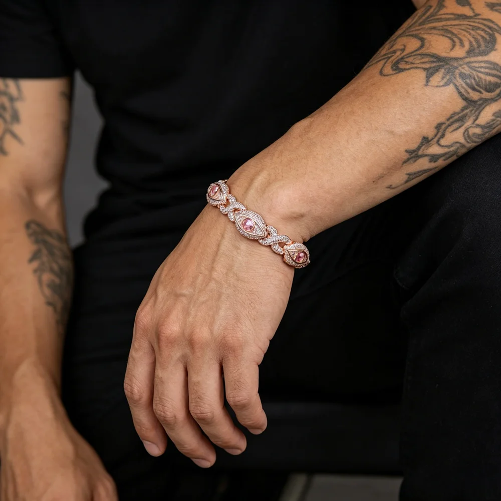 

Hip-hop style Cuban link eye bracelet, inlaid with sparkling pink and white zircon, trendy men's rose dual-color bracelet jewelr