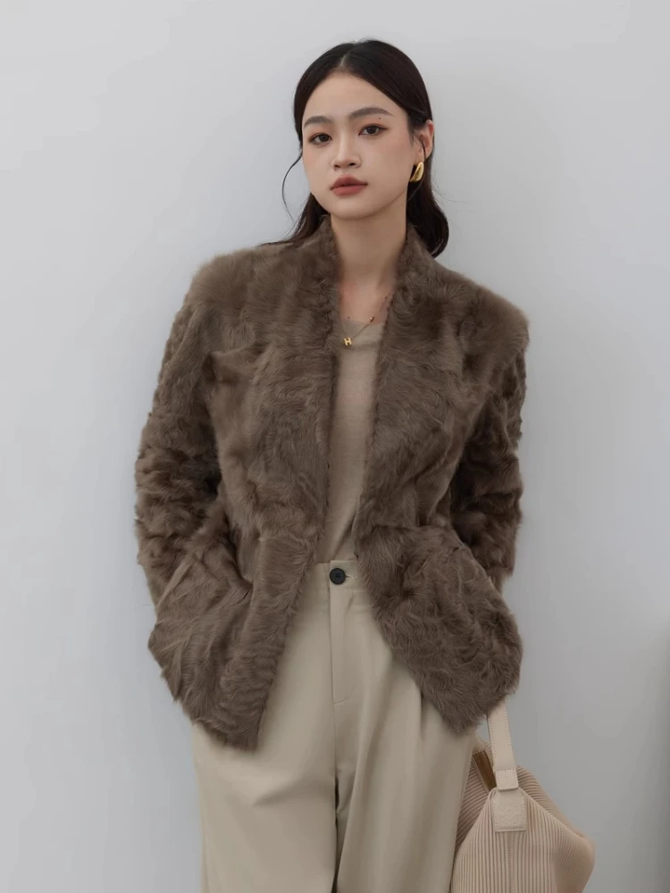 Vestes de luxe en cuir d'agneau véritable pour femmes, haut de gamme, Simple, Double face, Design, col en v, manteau d'hiver en vraie fourrure avec ceinture