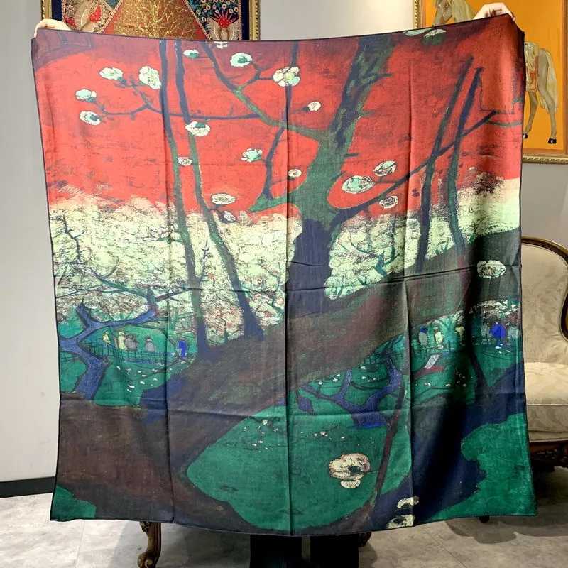 

High-end Elegant Women Fashion Van Gogh Art Oil Painting Double-sided Print Quality Silk Wool Handrolled Edge Large Scarf Shawls