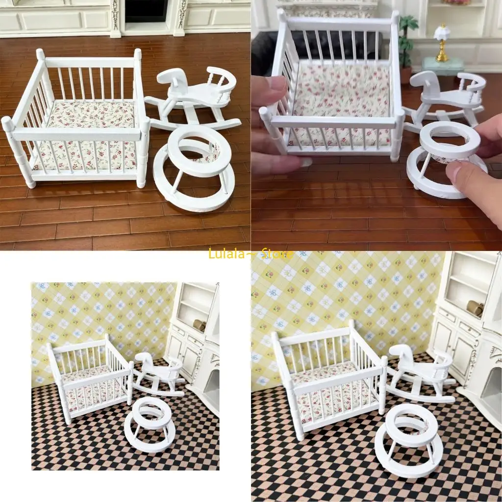 Y4QA Naturholz Miniatur Baby Wiege Walker Schaukelpferd 1/12 Puppenhausmöbel