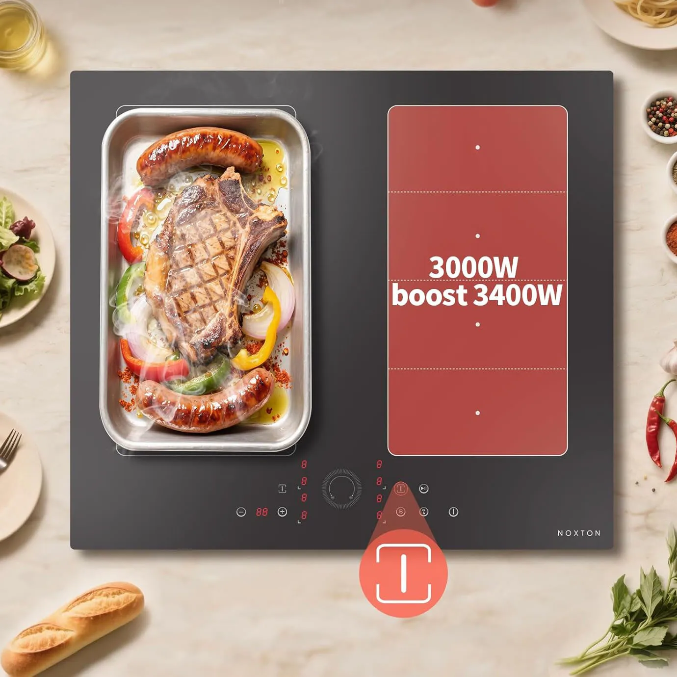موقد حثي NOXTON 4 مناطق مع منطقتين مشتركين، 60 سم مدمج مع معزز، مؤقت، قفل أمان، توقف، 230 فولت، 7200 وات، بدون قابس #2