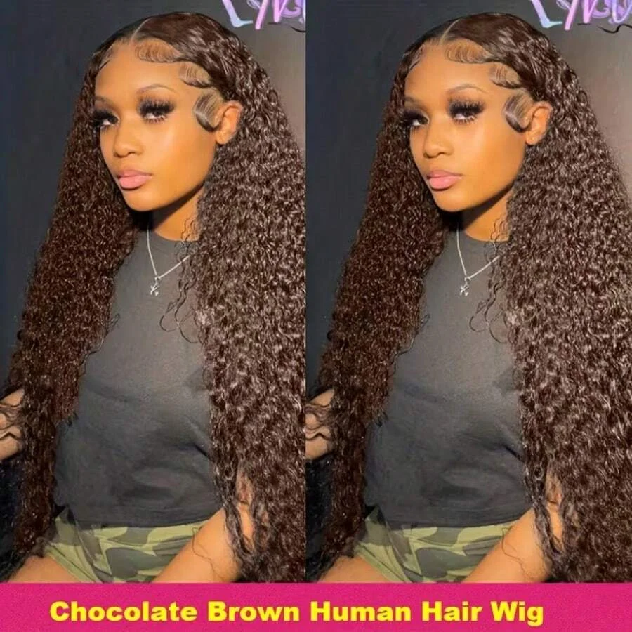 34 Inch 13x4 HD Chocolate Brown Deep Wave Lace Frontal Wigs Human Hair Burmese Colored 13x4 Water Curly Human Hair Wigs For Women 200 Density Preplucked image 7