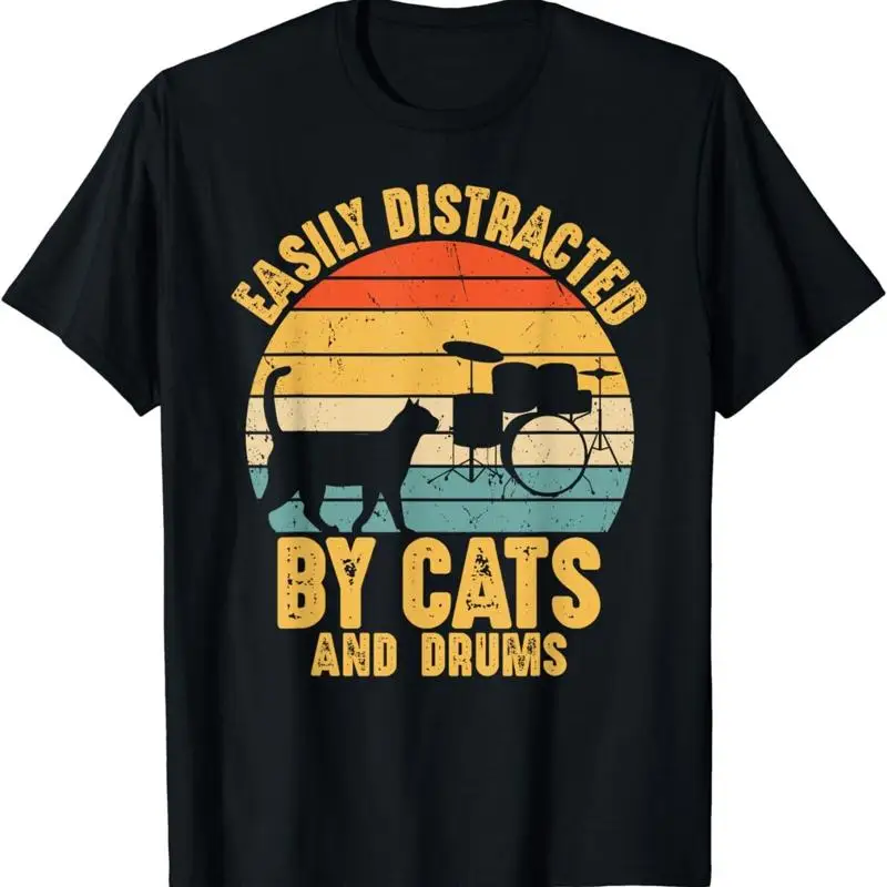 Easily Distracted by Cats and Drums Music Funny Drummer T Shirt
