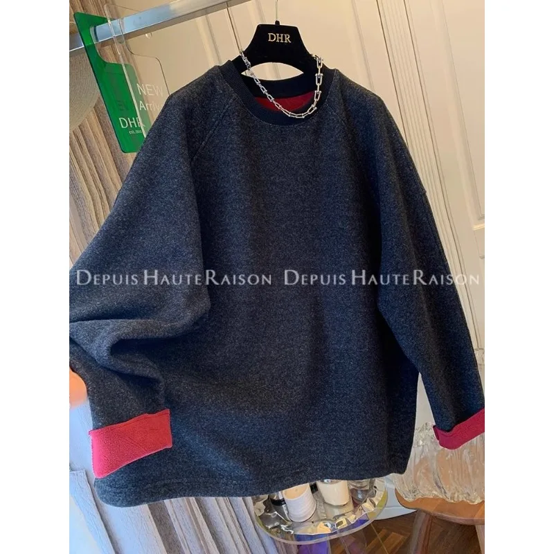 가짜 투피스 배색 브러쉬드 두꺼운 스웨트셔츠 여성용 이너 티셔츠 루즈핏 이너웨어