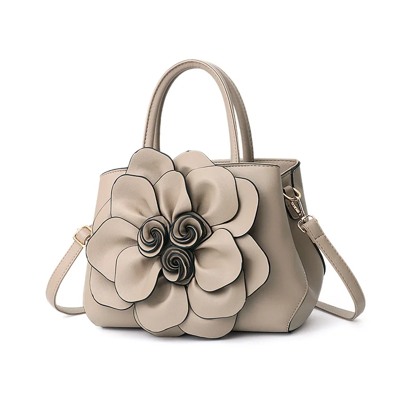 Spring Solid Color College Style Women\'s Bag PU Leather Flower Hand Shoulder Bag Cute Bag