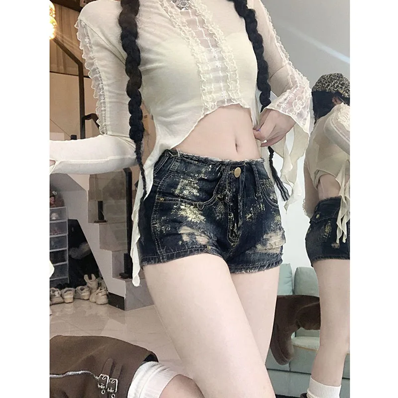 Pantalones cortos vaqueros americanos Y2K con agujeros para mujer, Mini pantalones cortos ajustados sexis de cintura baja, ropa de calle a la moda para mujer, pantalones vaqueros súper cortos de tendencia, novedad