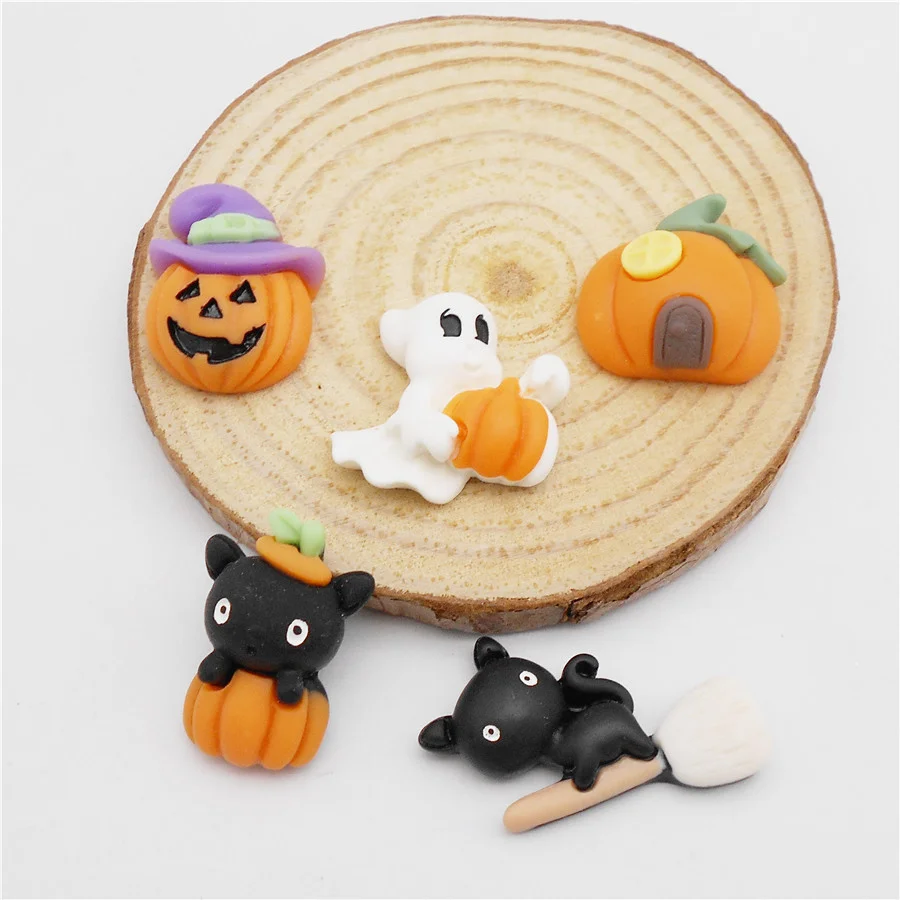 10PCS Cartoon Halloween Flatback Mixed Resin Pumpkin Ghost Cat Cabochon DIY Party Decor Handmade Craft Jewelry Accessory