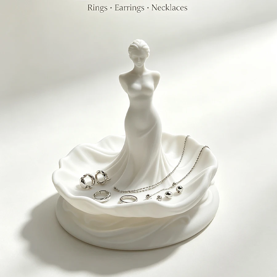 White Elegant Ladies' Jewelry Storage Tray, Women's Sculpture Ring and Earring Organizer, Stylish Desktop Display Tray, for Storing Jewelry and Various Small Items