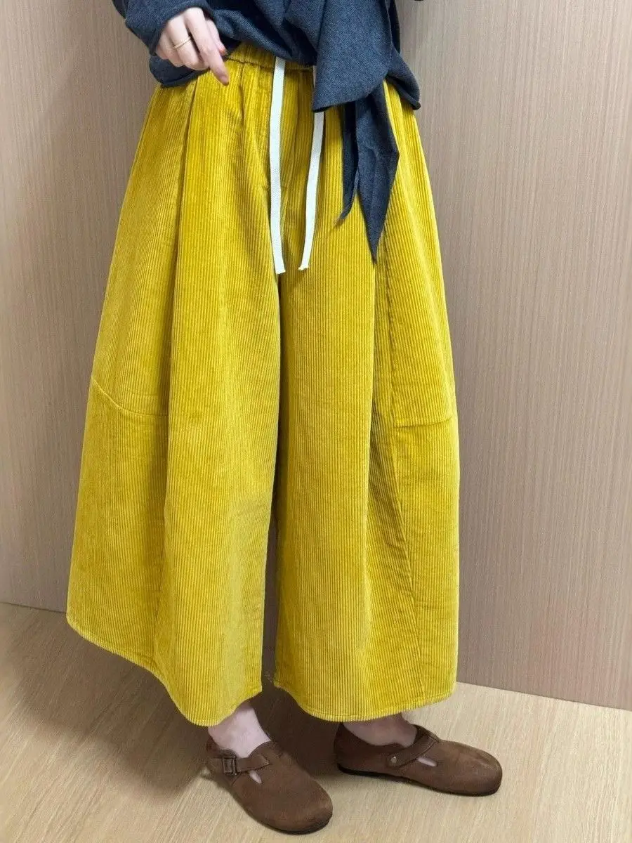 Mustard Yellow Corduroy Wide Leg Pants Women's Autumn Winter High Waist Loose Fit Design Small Size Eighteen Knee-Length