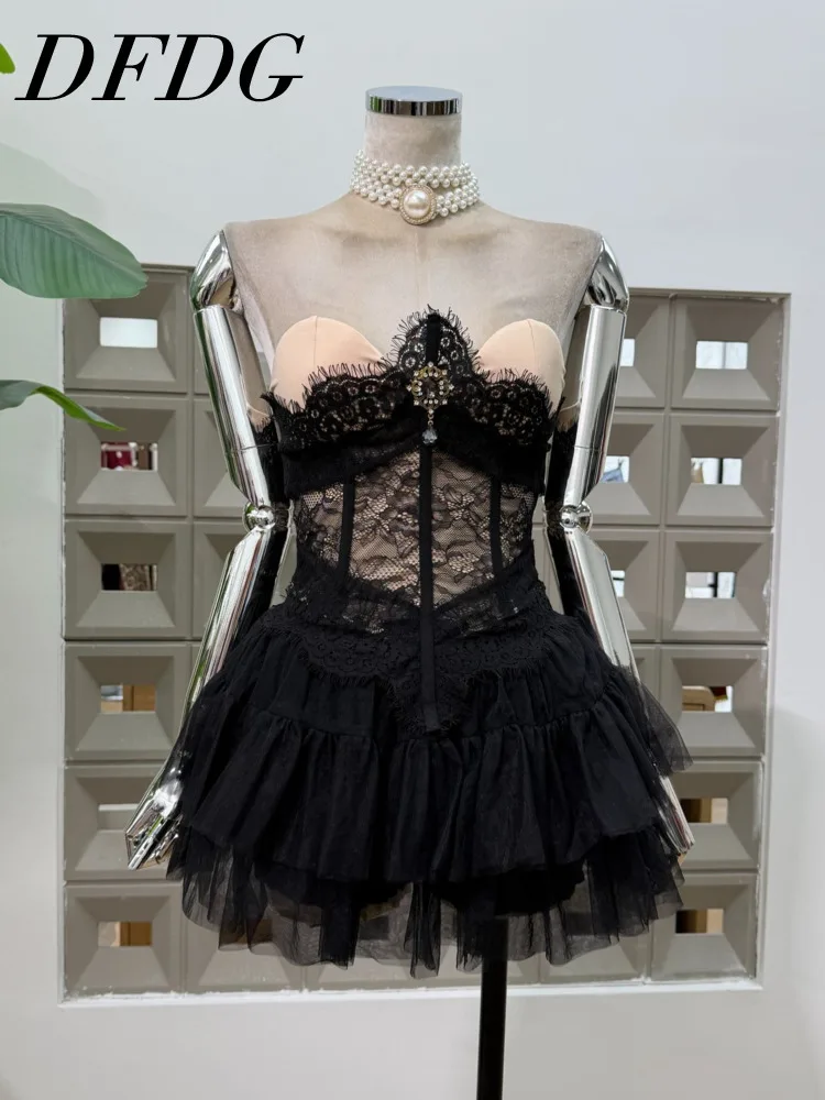 

DFDG Women's 2025 Spring Summer Trendy 2-Piece Set Off-Shoulder Corset Lace Paneled Tie Waist High-Waist Tiered Mini Skirt Set